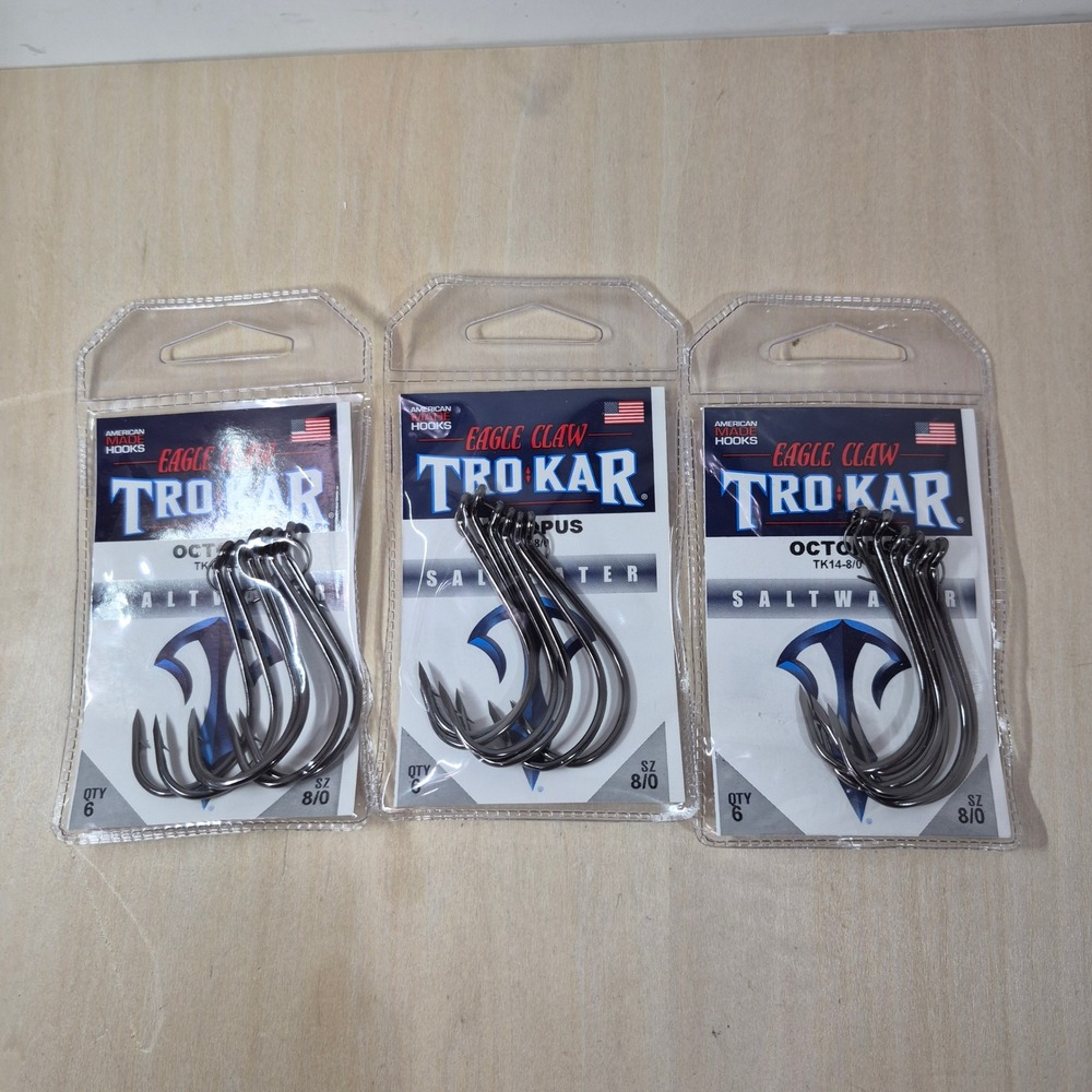 3 Pack Eagle Claw‎ TroKar Octopus Saltwater Fishing Hooks Size 8/0 TK14-8/0